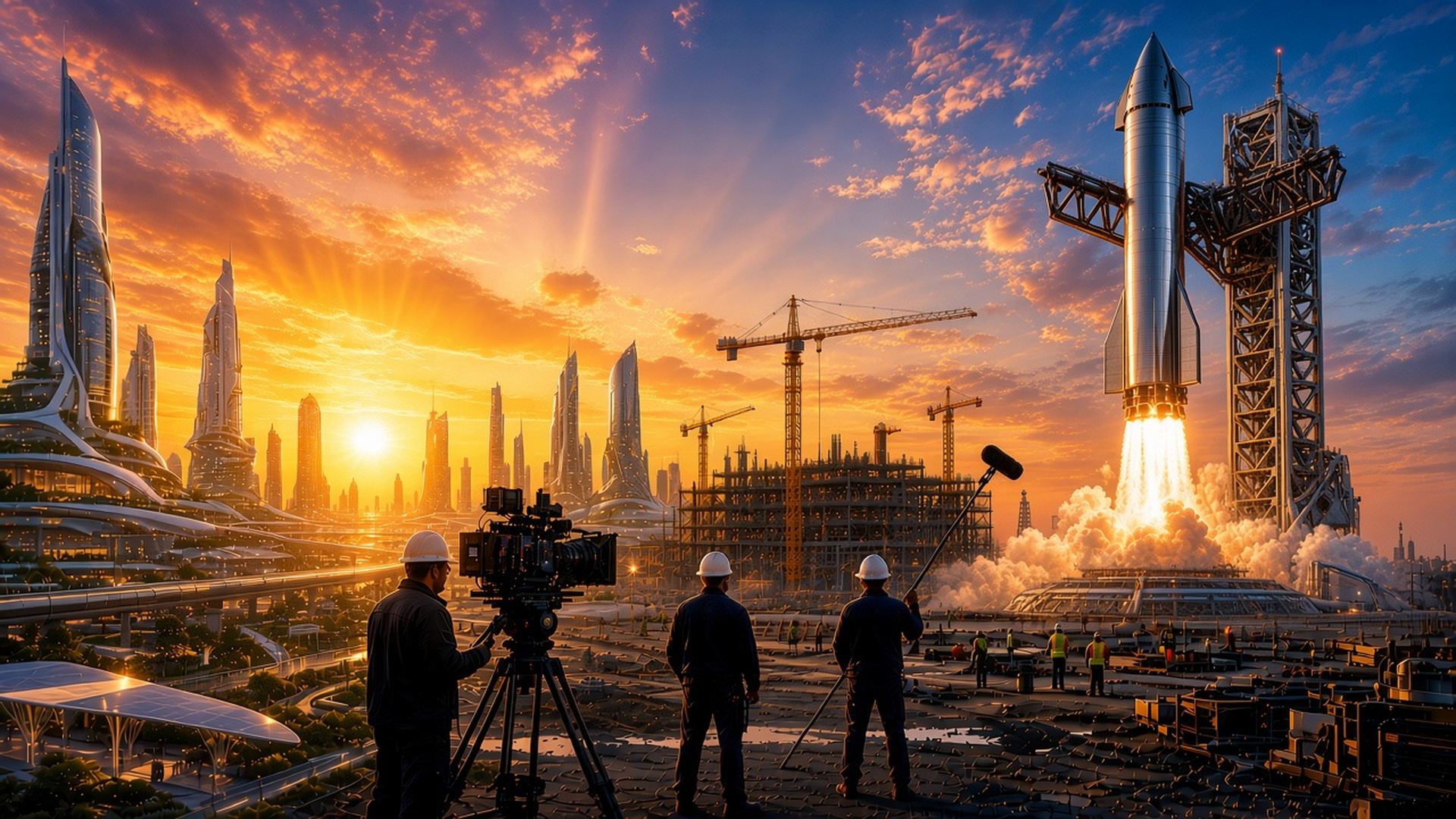 Sunrise over a futuristic city with a Starship-style rocket lifting off and a film crew capturing it